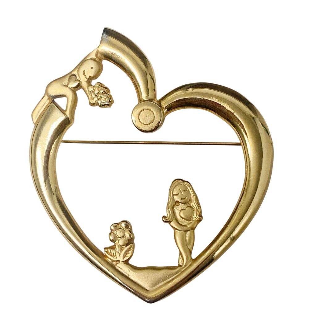 Vtg Signed JJ Gold Tone Heart With Couple Brooch Pin